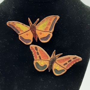 Vintage Hand Crafted Leather Butterfly Brooches Pin Hand Painted Set of Two